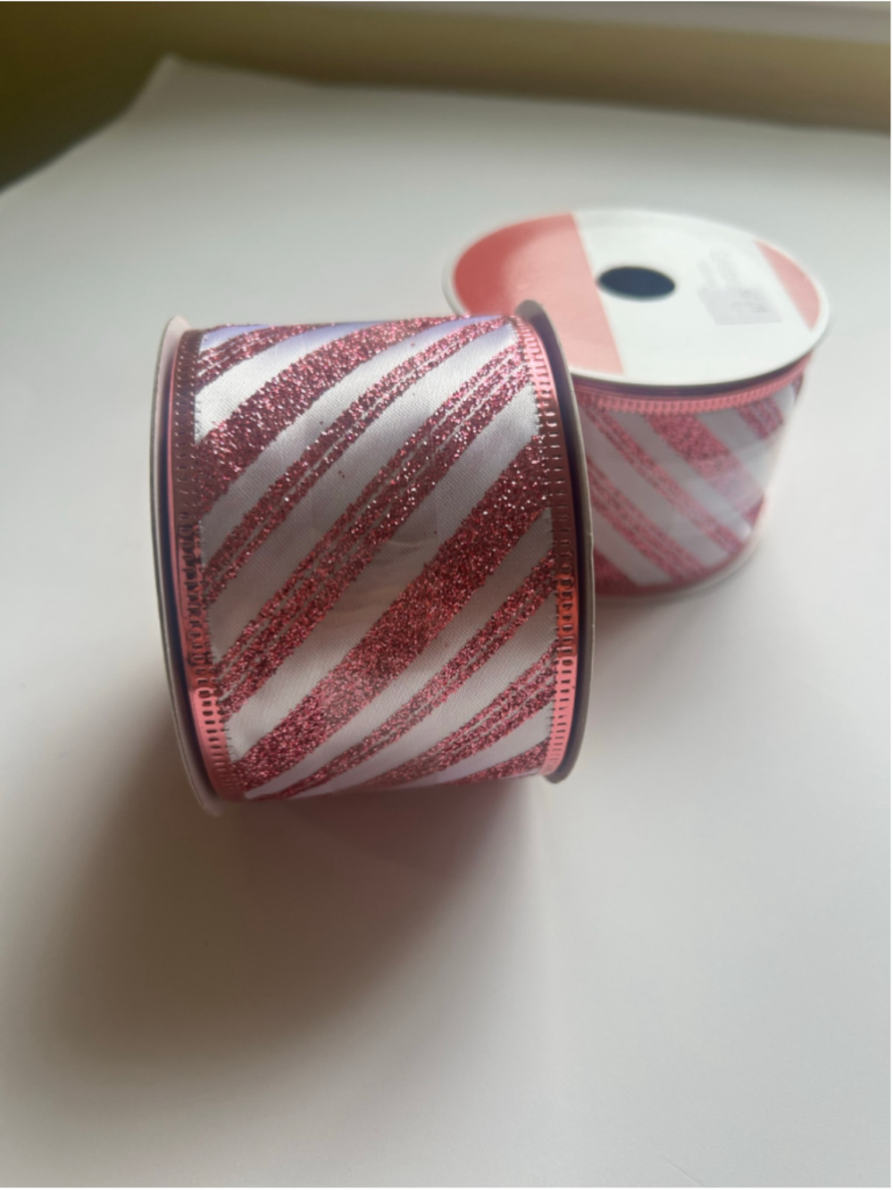 NEW 2 Celebrate It Wired Ribbon Pink/White Striped Glitter